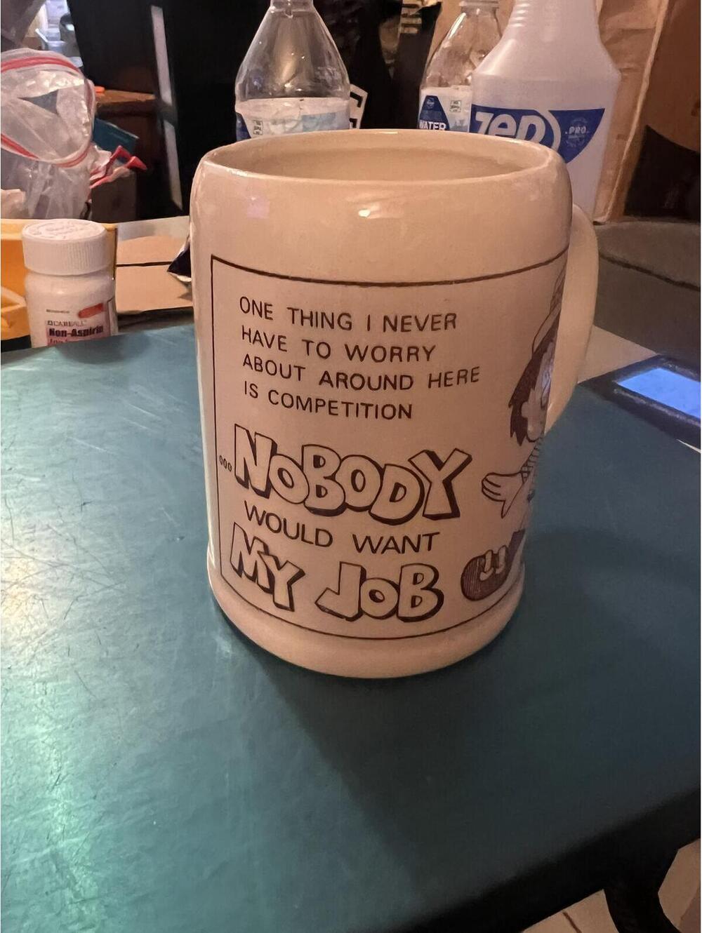 Vintage Ceramic Beer Stein Mug with Humorous Cartoon Design